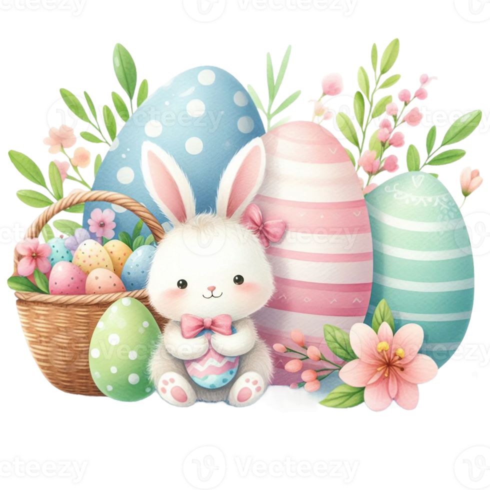 AI generated Watercolor cute eggs, each with an easter design, pastel colors  isolated on PNG background.