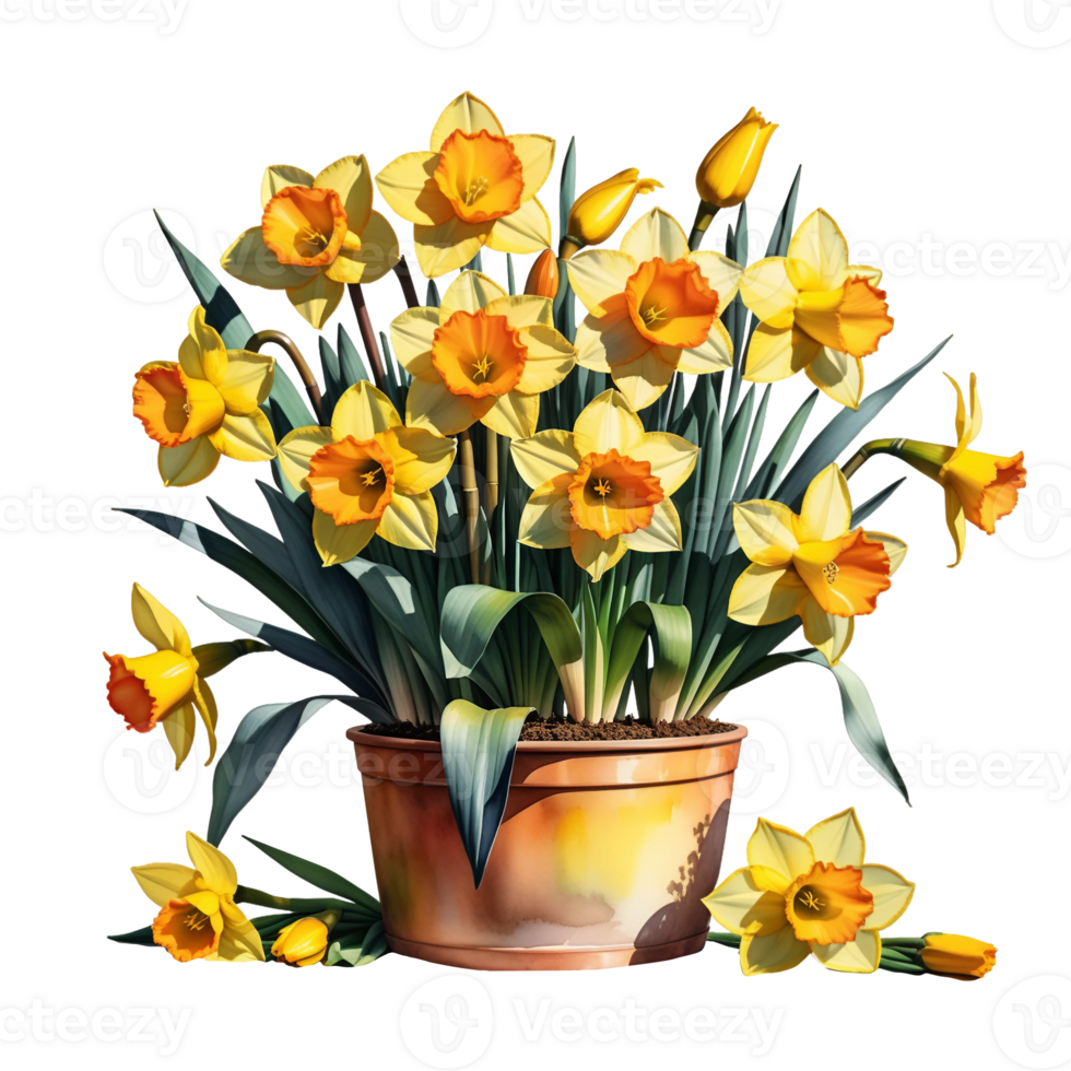 AI generated Large bush of yellow daffodils in a clay pot isolated on PNG background.