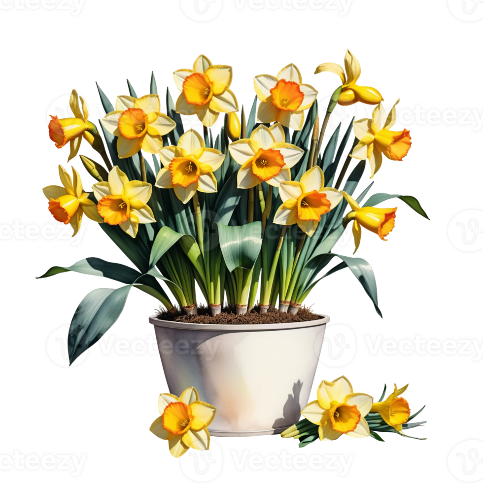 AI generated Large bush of yellow daffodils in a clay pot isolated on PNG background.