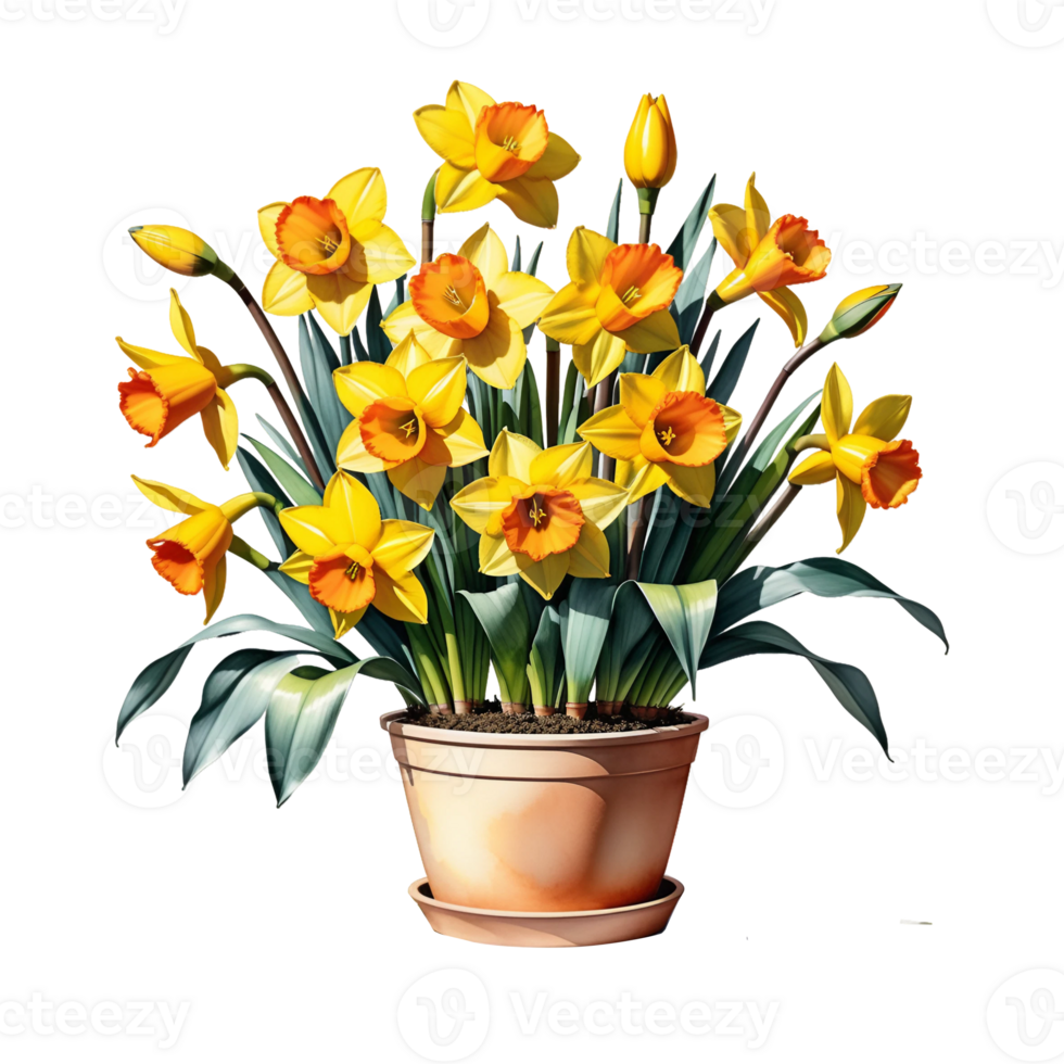 AI generated Large bush of yellow daffodils in a clay pot isolated on PNG background.