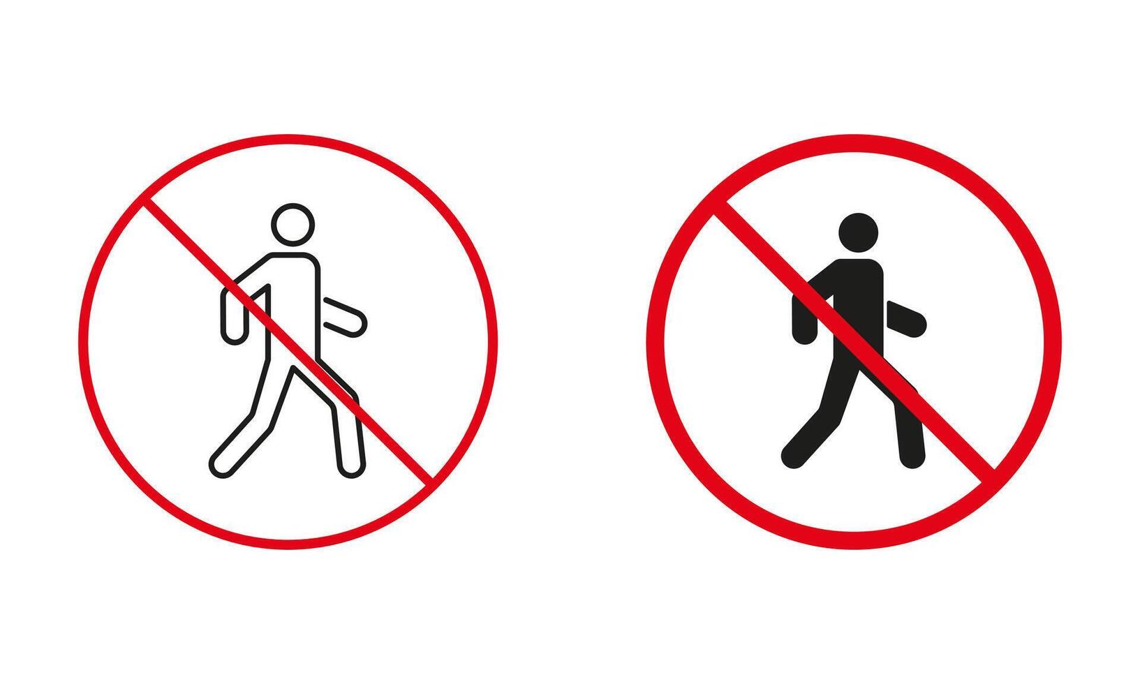 Pedestrian Walking Not Allowed Road Sign. No Entrance for the Man Circle Symbol Set. Prohibit Traffic Red Sign. No Access To Pedestrian Line and Silhouette Icons. Isolated Vector Illustration