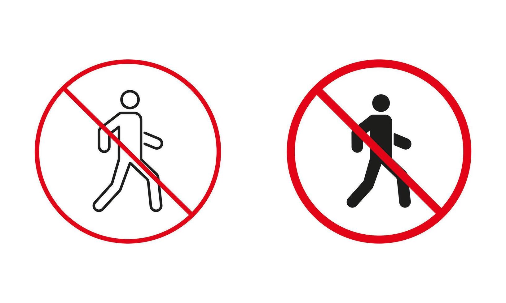 peatonal caminando no permitido la carretera signo. No Entrada para el hombre circulo símbolo colocar. prohibir tráfico rojo signo. No acceso a peatonal línea y silueta iconos aislado vector ilustración