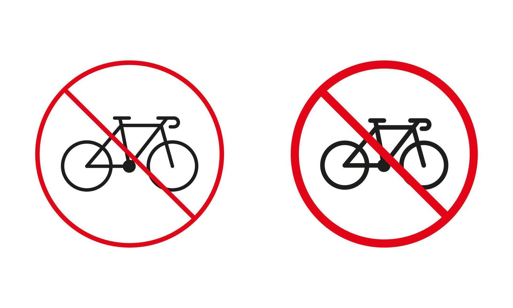 bicicleta no permitido la carretera signo. bicicletas prohibición circulo símbolo colocar. bicicleta prohibir tráfico rojo signo. bicicleta estacionamiento prohibido línea y silueta iconos aislado vector ilustración