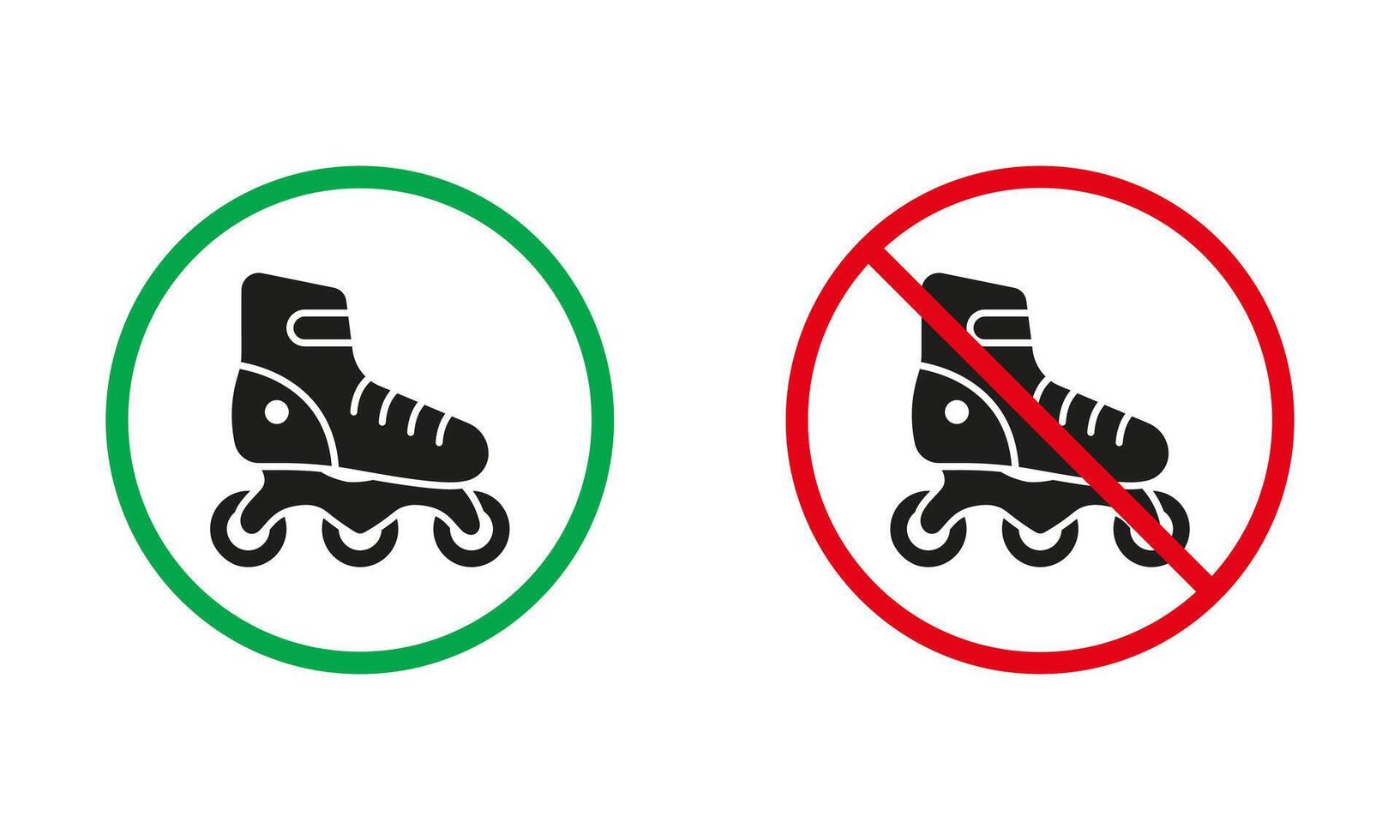 Roller Skating Warning Sign Set. Roller Skate Red Allowed and Prohibit Silhouette Icons. Use Sports Footwear, Skating Zone Red and Green Circle Symbol. Isolated Vector Illustration