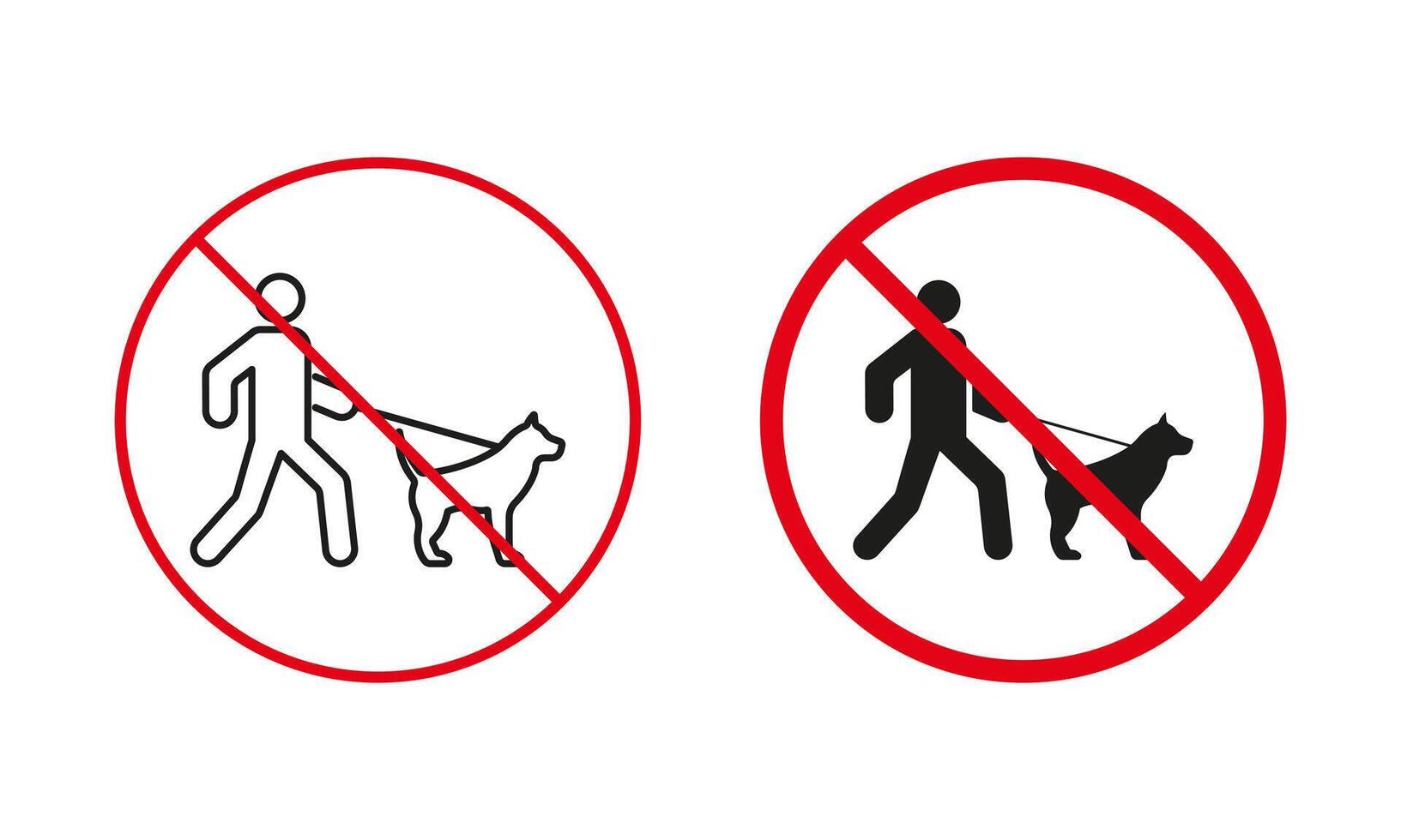 No caminando con perro permitido advertencia firmar colocar. hombre y mascota en Correa caminando prohibir línea y silueta iconos animal zona rojo circulo símbolo. aislado vector ilustración