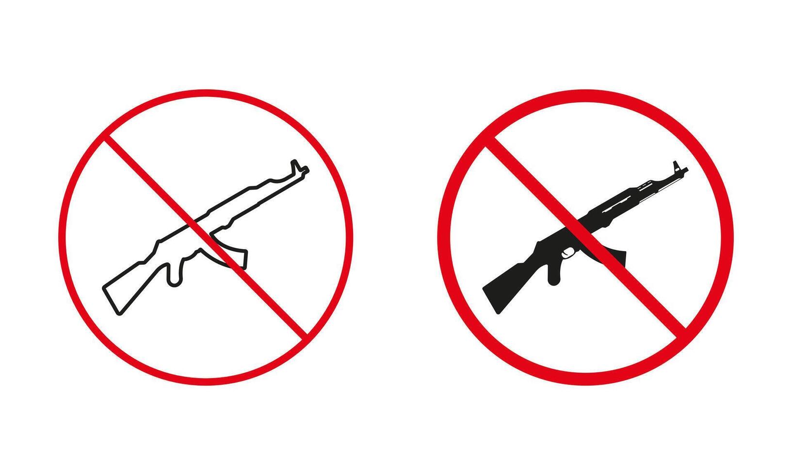 No Weapon Allowed Warning Sign Set. Assault Rifle Prohibit Line And Silhouette Icons. Ak47 Kalashnikov In Red Circle Symbol. Isolated Vector Illustration