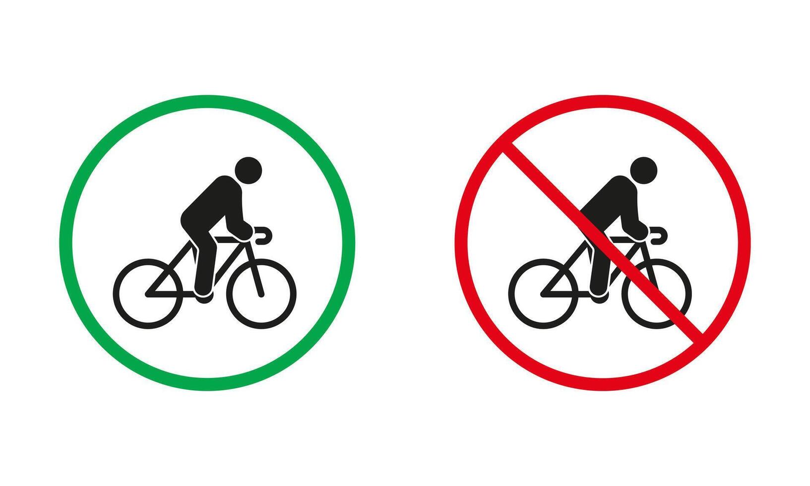 Man on Bike Warning Sign Set. Drive Bicycle Allowed and Prohibit Silhouette Icons. Cycling Red and Green Circle Symbol. Bike Race Zone. Isolated Vector Illustration