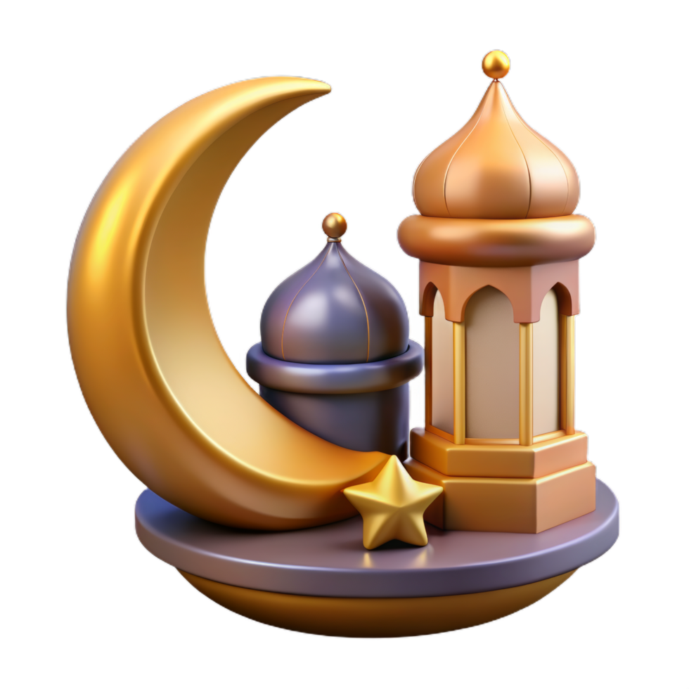 3d religion element collection of Islamic lantern fanoos and metal crescent moon. Suitable for Ramadan or Eid al Adha decoration. png