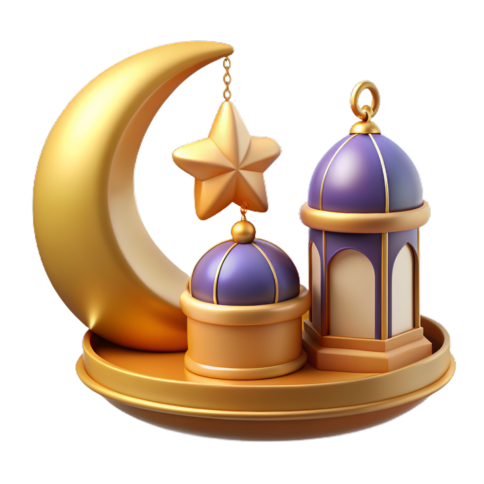 3d religion element collection of Islamic lantern fanoos and metal crescent moon. Suitable for Ramadan or Eid al Adha decoration. png