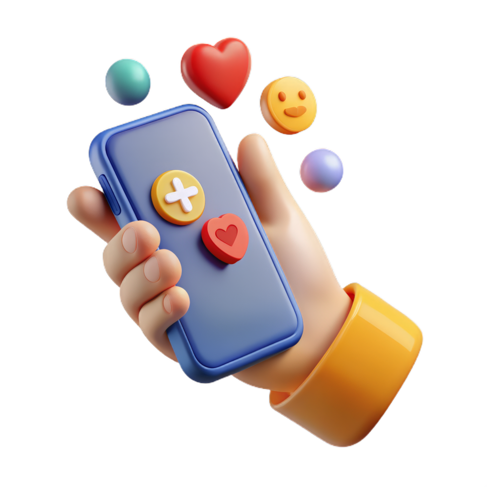 3d mão segurando telefone com emoji, mínimo social meios de comunicação com emoji, desenho animado mínimo ícone. png