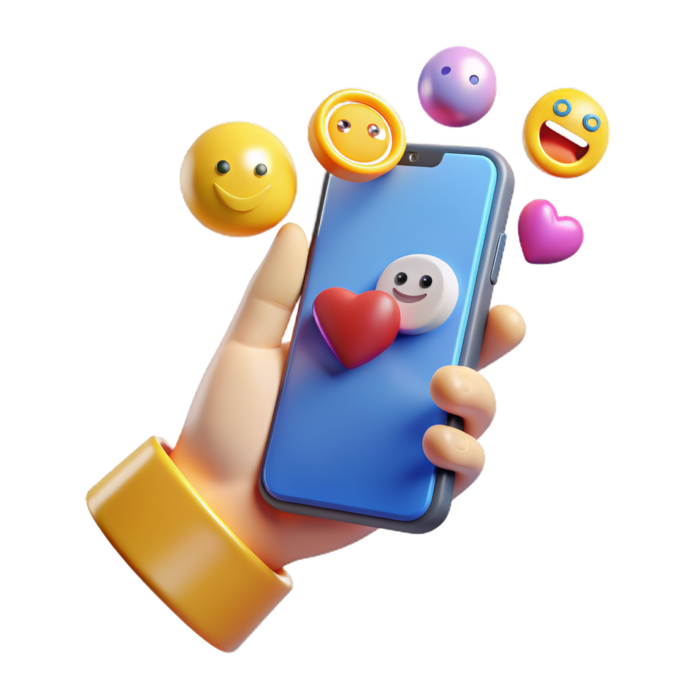 3d mão segurando telefone com emoji, mínimo social meios de comunicação com emoji, desenho animado mínimo ícone. png