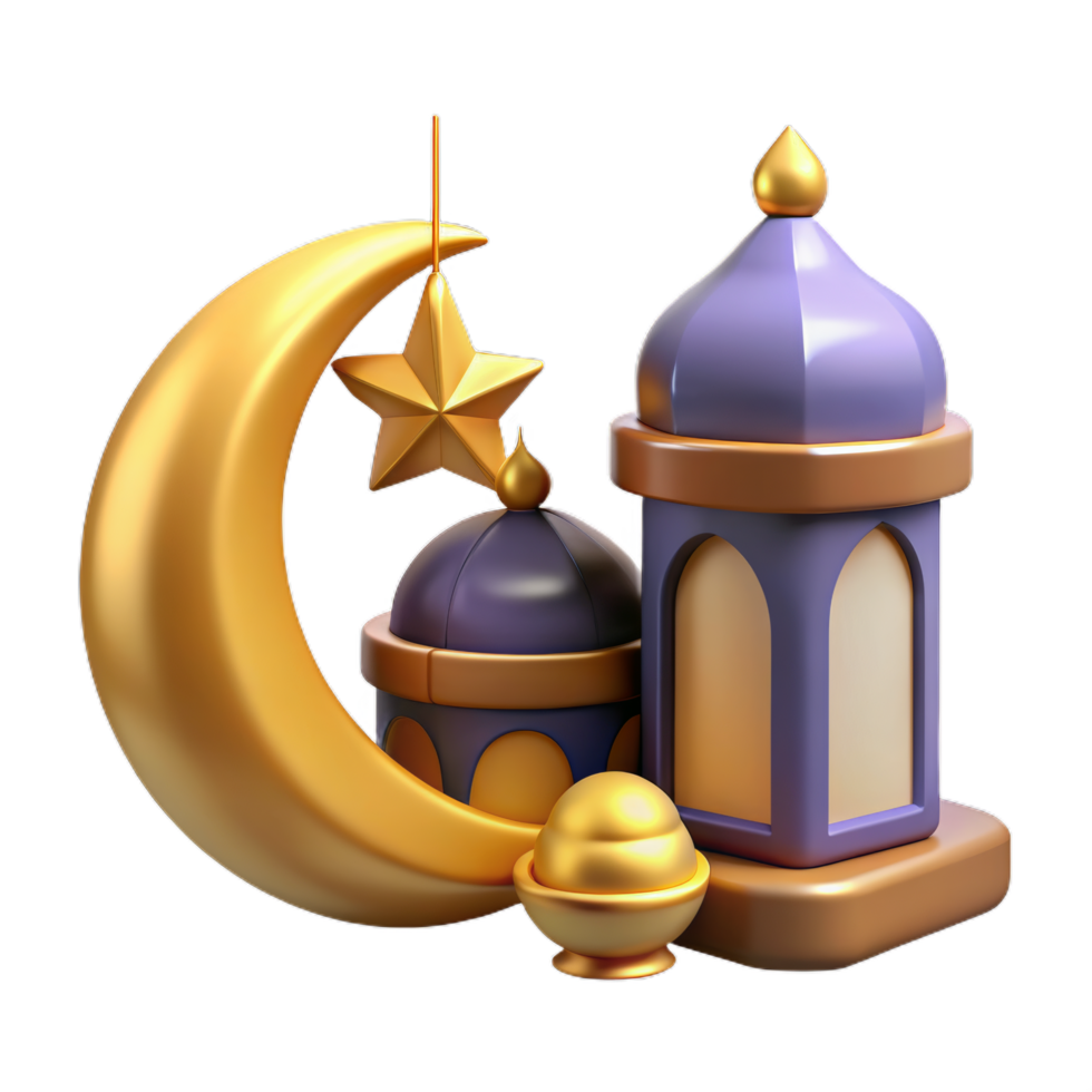 3d religion element collection of Islamic lantern fanoos and metal crescent moon. Suitable for Ramadan or Eid al Adha decoration. png