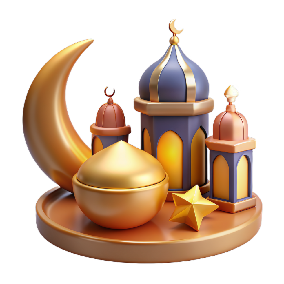 3d religion element collection of Islamic lantern fanoos and metal crescent moon. Suitable for Ramadan or Eid al Adha decoration. png