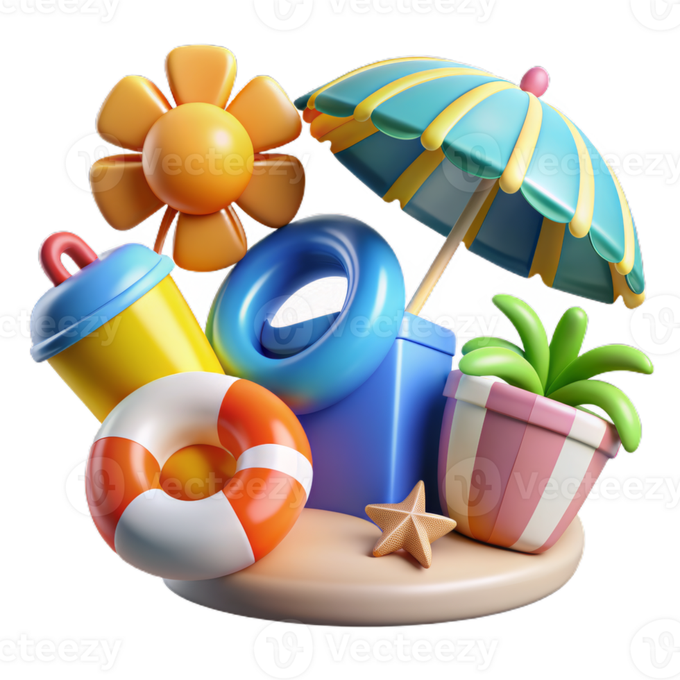 Summer 3d realistic render icon set. object with beach elements, summer