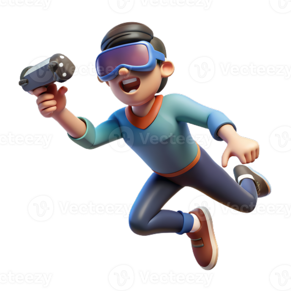 3d Flying or falling cartoon character man with virtual reality headset and hand holding controller. png