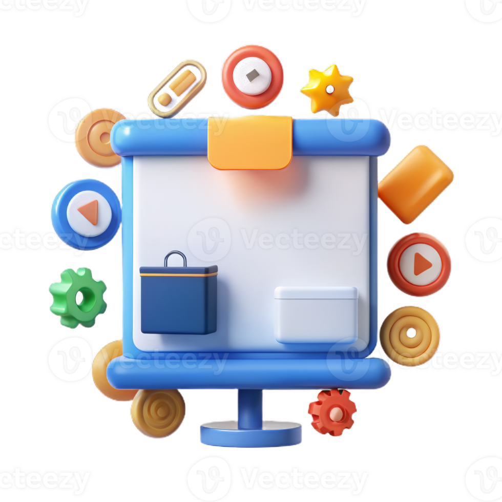 3D White board for presentation and icon symbol. Equipment for conferences and marketing strategy, Business concept. Cartoon pastel Minimal style. png