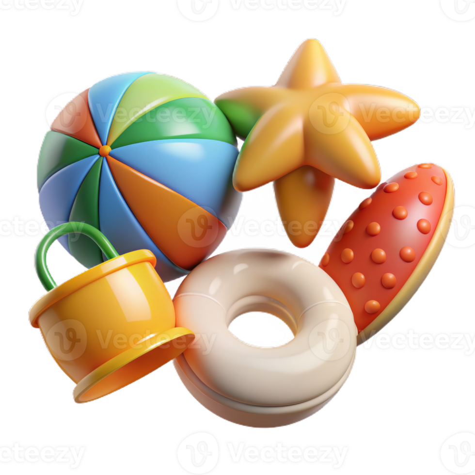Summer 3d realistic render icon set. object with beach elements, summer holiday clip art set png
