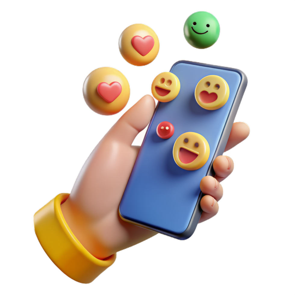 3d Hand halten Telefon mit Emoji, minimal Sozial Medien mit Emoji, Karikatur minimal Symbol. png