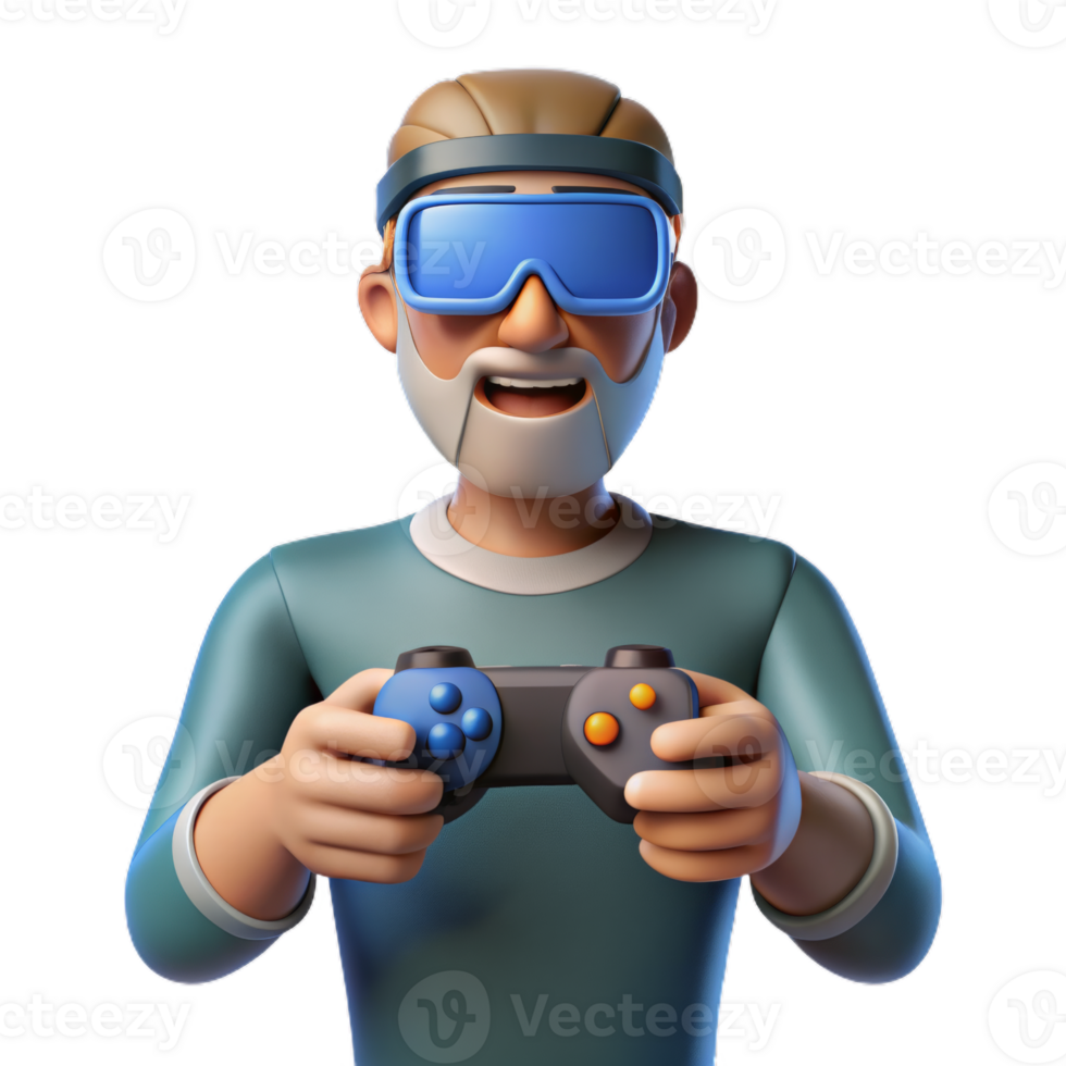 Virtual reality Man Gamer hands holding gaming console controller. joyful man in 3d glasses. png