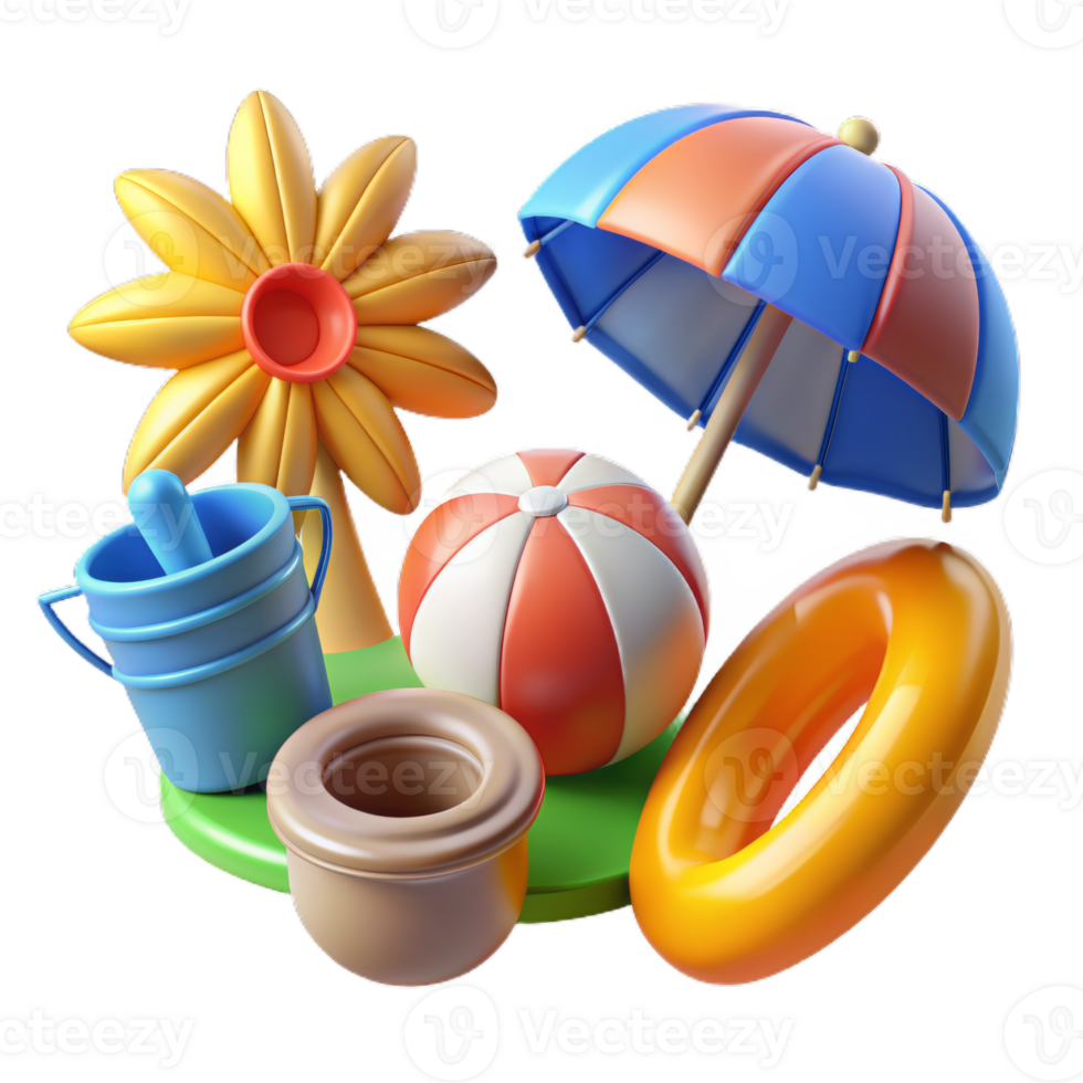 Summer 3d realistic render icon set. object with beach elements, summer holiday clip art set png