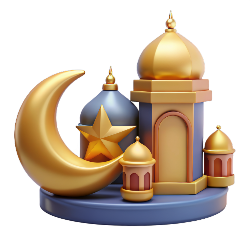 3d religion element collection of Islamic lantern fanoos and metal crescent moon. Suitable for Ramadan or Eid al Adha decoration. png