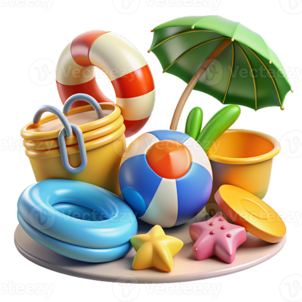 Summer 3d realistic render icon set. object with beach elements, summer holiday clip art set png
