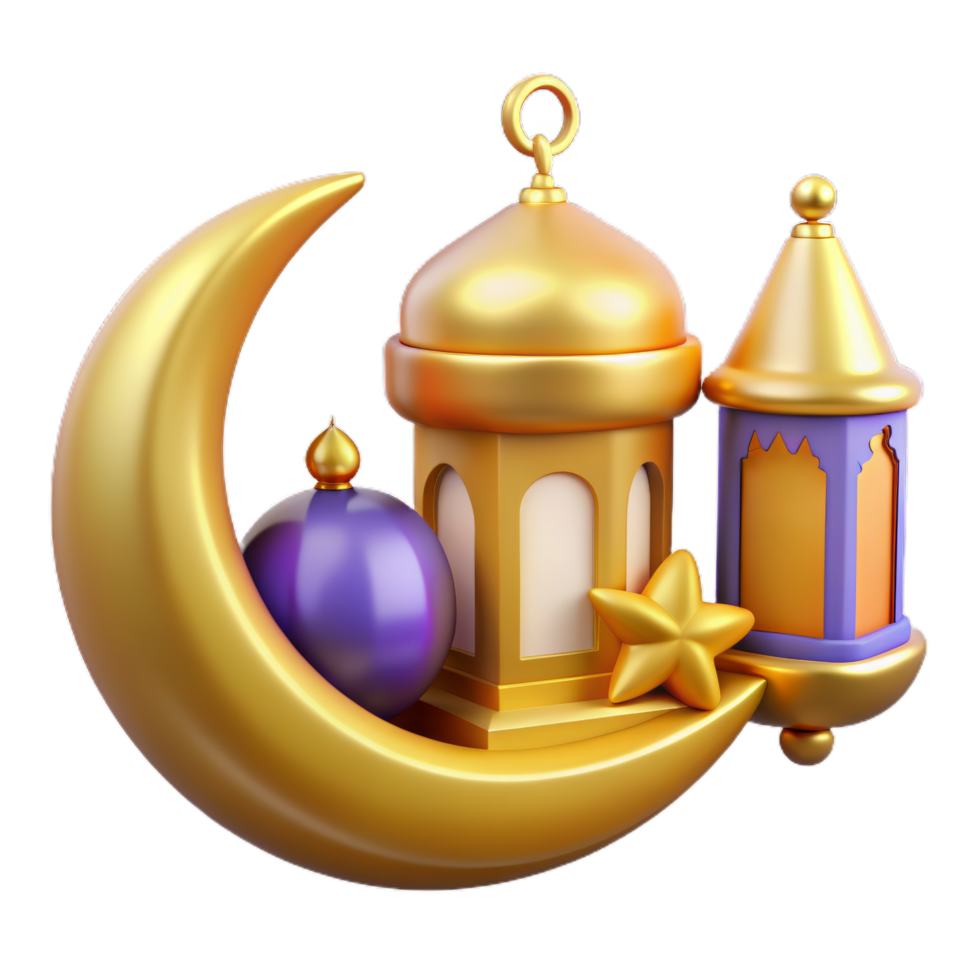 3d religion element collection of Islamic lantern fanoos and metal crescent moon. Suitable for Ramadan or Eid al Adha decoration. png