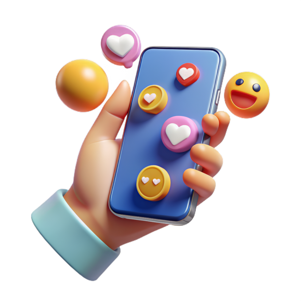 3d mão segurando telefone com emoji, mínimo social meios de comunicação com emoji, desenho animado mínimo ícone. png