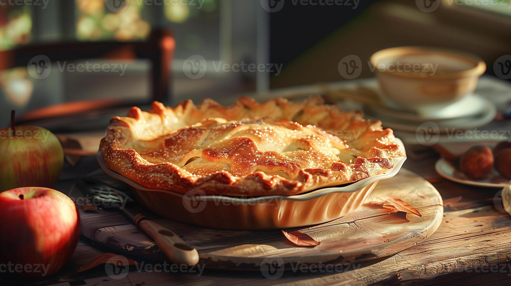 AI generated Apple pie served on a rustic wooden table. Traditional pie with filling, festive food for Thanksgiving, Halloween. Autumn harvest. Close-up, bokeh effect in the background. photo