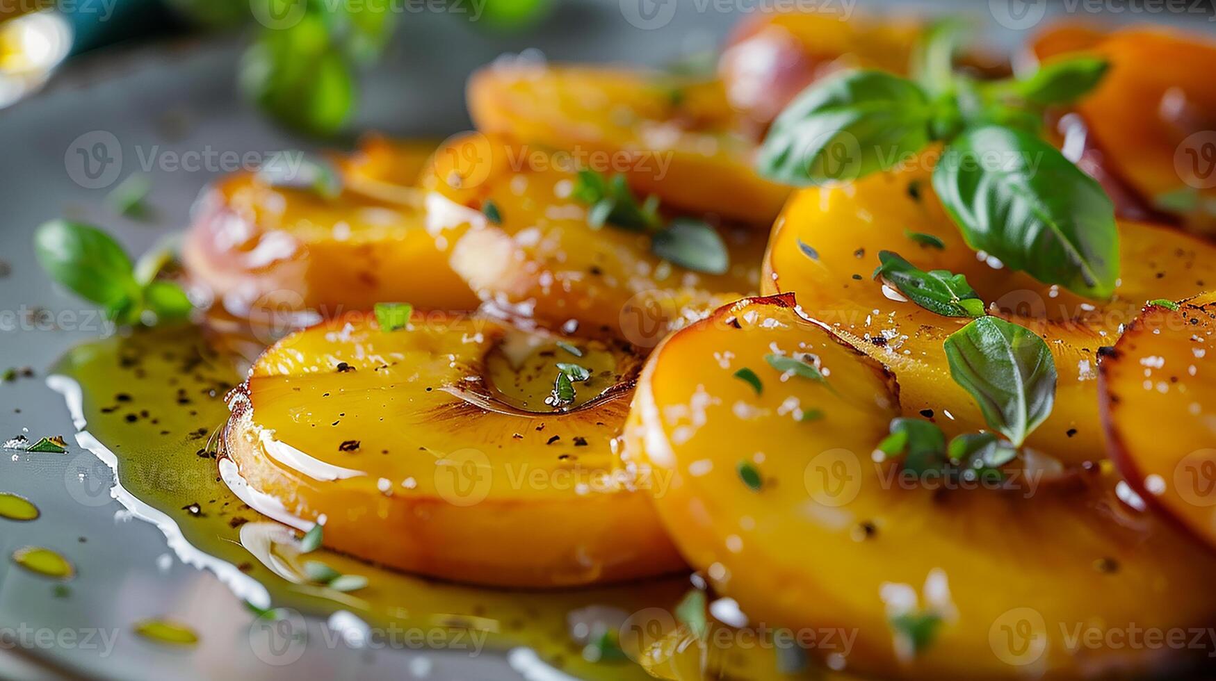 AI generated Fried peaches with honey and mascarpone in a beautiful dish. Fresh fruits in a dish. Fruit dessert in close-up with bokeh in the background, delicious food. photo