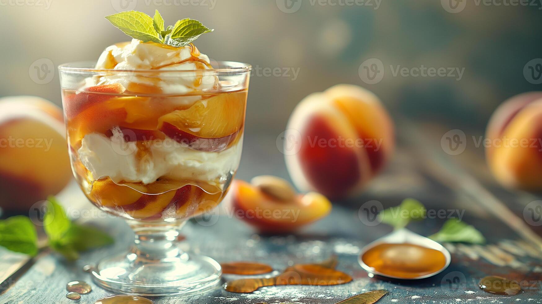 ai generado frito duraznos con miel y mascarpone en un hermosa plato. Fresco frutas en un plato. Fruta postre en de cerca con bokeh en el fondo, delicioso alimento. foto