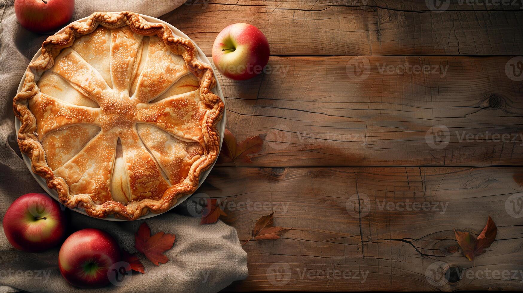 AI generated Apple pie served on a rustic wooden table. Traditional pie with filling, festive food for Thanksgiving, Halloween. Close-up, top view, copy space, bokeh effect in the background. photo