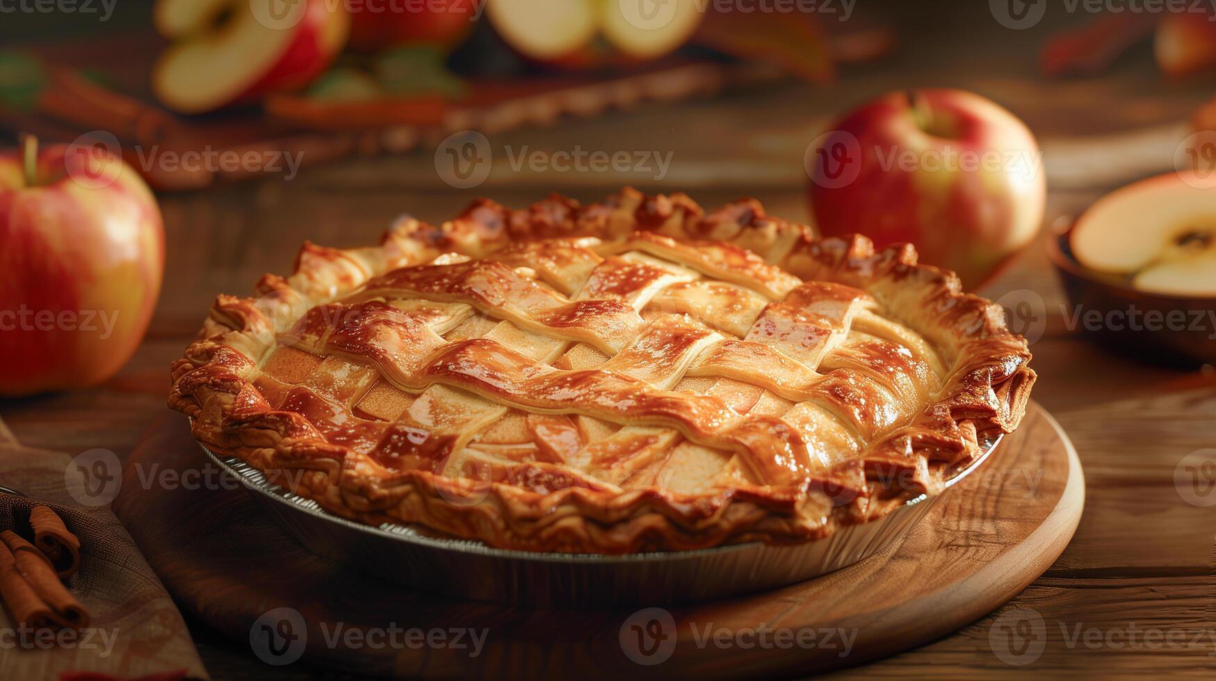 AI generated Apple pie served on a rustic wooden table. Traditional pie with filling, festive food for Thanksgiving, Halloween. Autumn harvest. Close-up, bokeh effect in the background. photo