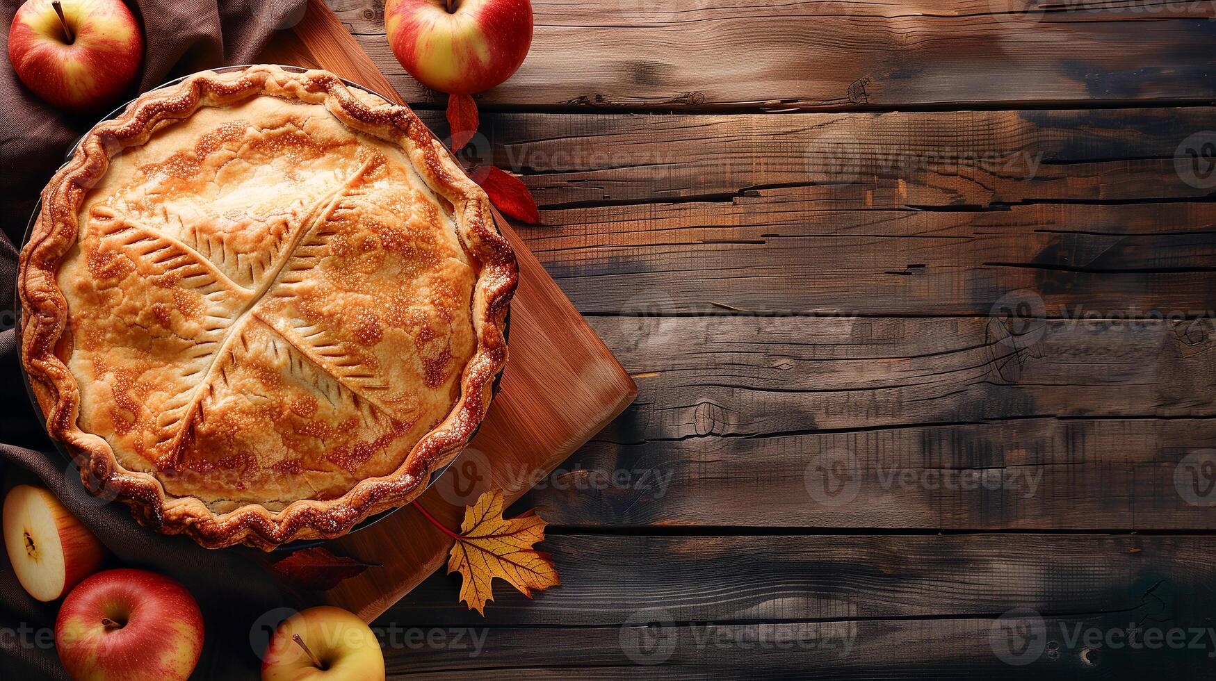 AI generated Apple pie served on a rustic wooden table. Traditional pie with filling, festive food for Thanksgiving, Halloween. Close-up, top view, copy space, bokeh effect in the background. photo