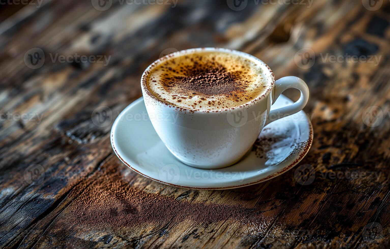 AI generated A cup of coffee on top of a white saucer on top of a wooden table. Close-up, background with a bokeh effect. photo