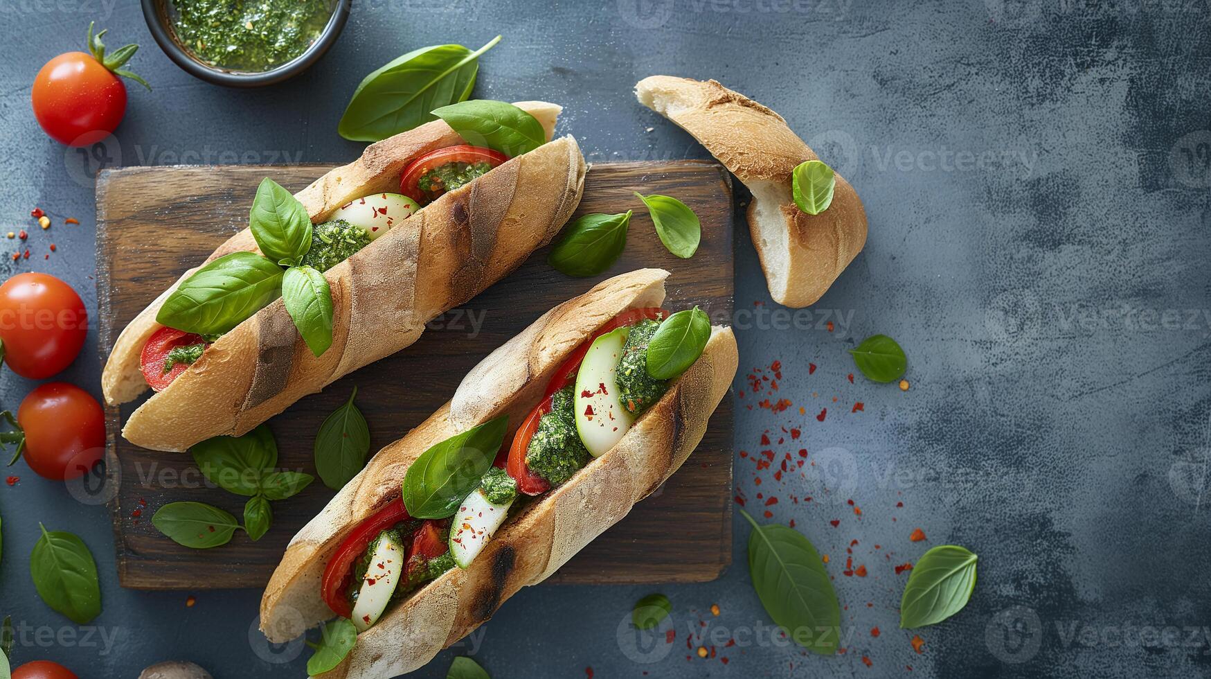 AI generated Caprese sandwiches with tomato, mozzarella cheese, nasturtium leaf pesto on a table.  Bazil leaves. photo