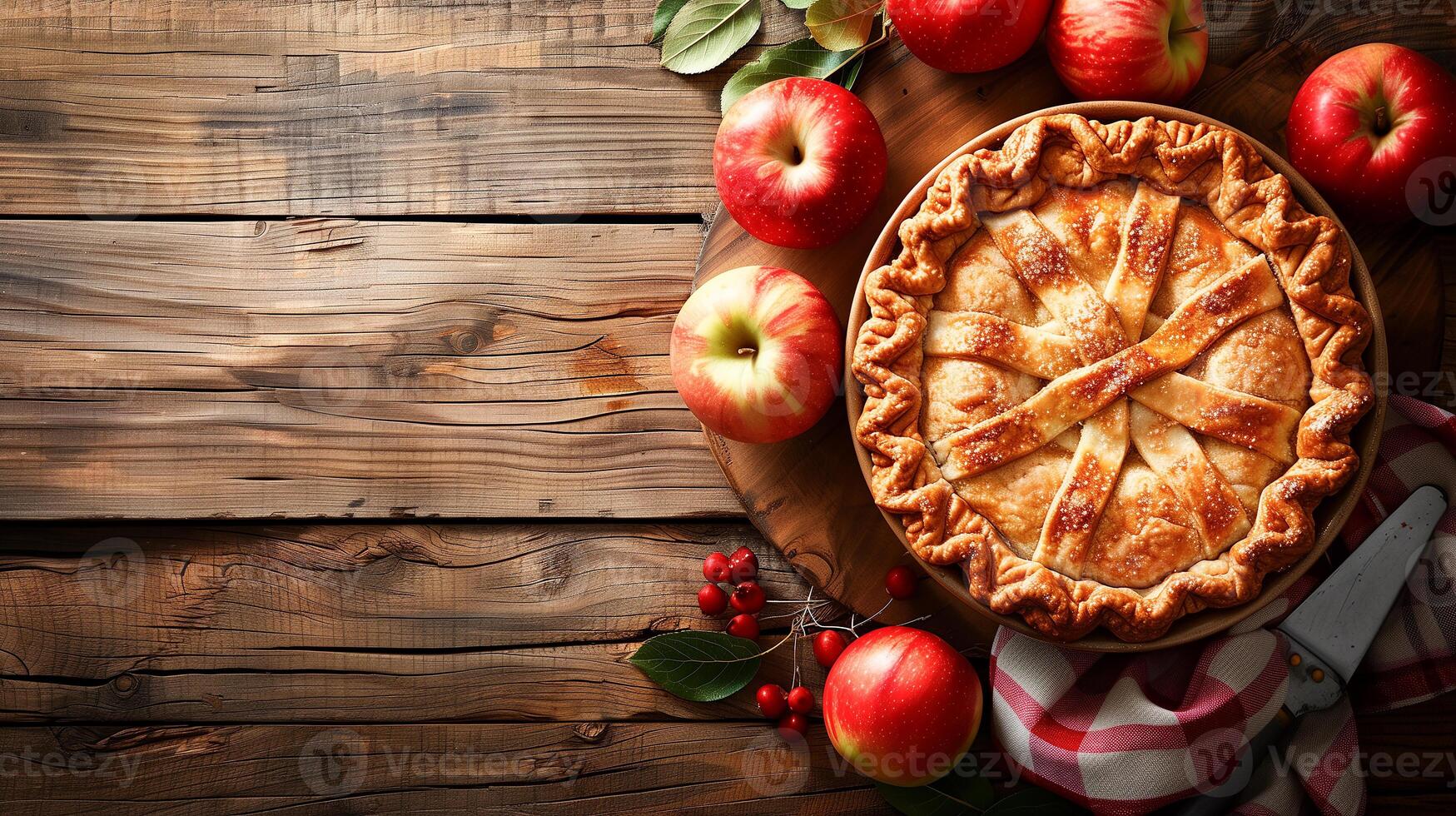 AI generated Apple pie served on a rustic wooden table. Traditional pie with filling, festive food for Thanksgiving, Halloween. Close-up, top view, copy space, bokeh effect in the background. photo