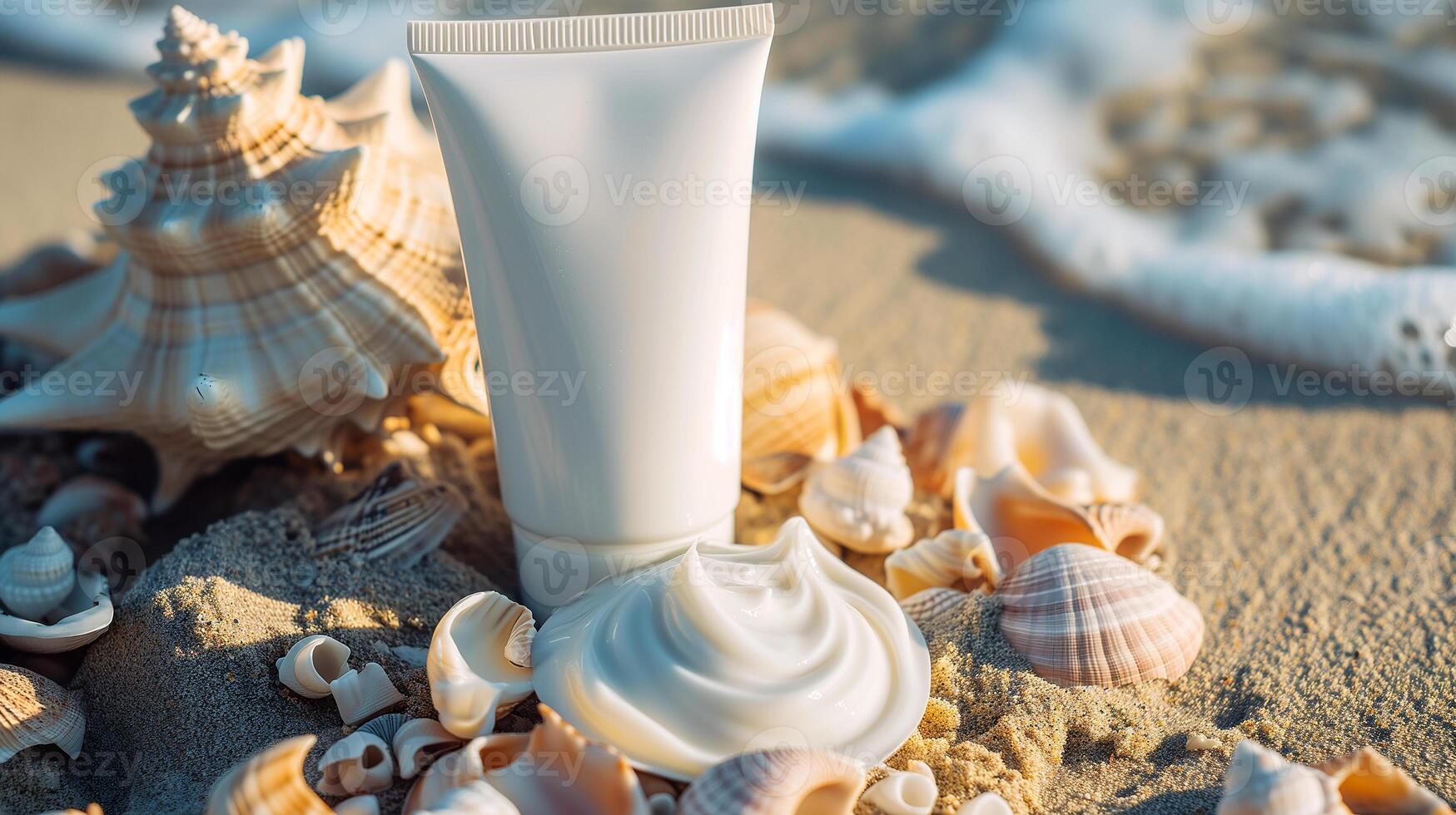 AI generated Cosmetic cream in a tube on a sandy beach, shells, the sea on the background. Eco concept. Photorealistic nature background with bokeh effect. photo