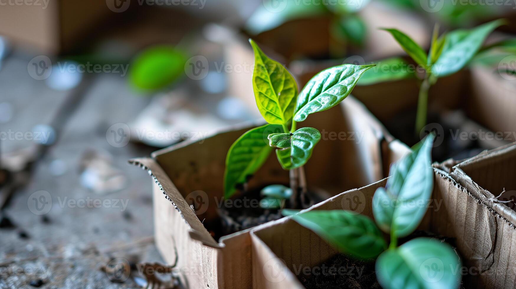 AI generated An ecological concept with growing green leaves, young green shoots in biodegradable peat moss pots. Eco, zero waste, plastic free, sustainable lifestyle, renewable. Bokeh photo