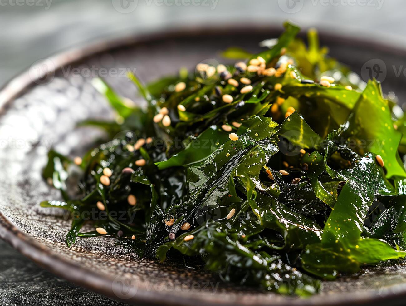 AI generated Delicious seaweed salad on a plate. Traditional cuisine, Japanese cuisine. Photorealistic background with bokeh effect. photo