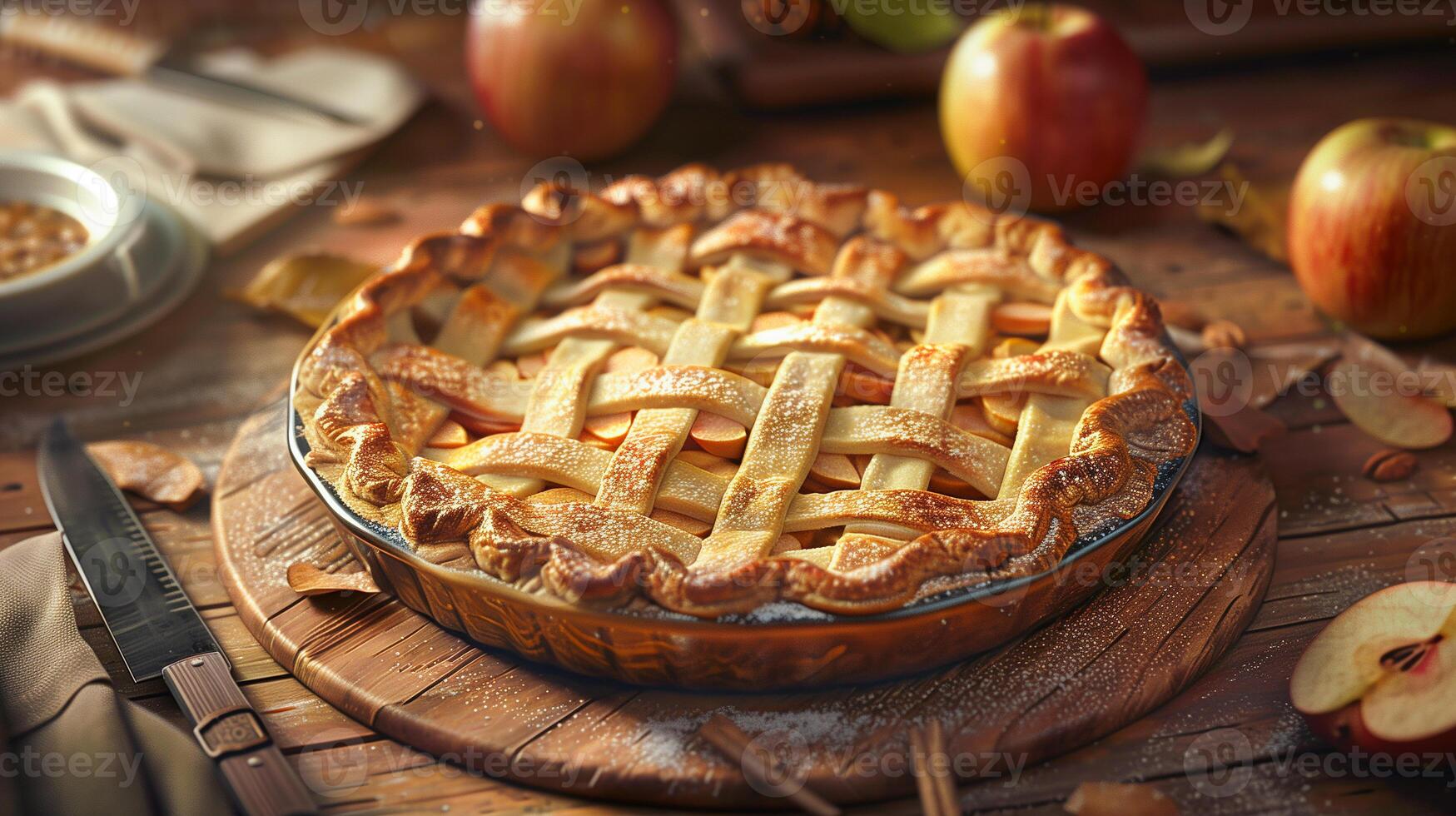 AI generated Apple pie served on a rustic wooden table. Traditional pie with filling, festive food for Thanksgiving, Halloween. Autumn harvest. Close-up, bokeh effect in the background. photo