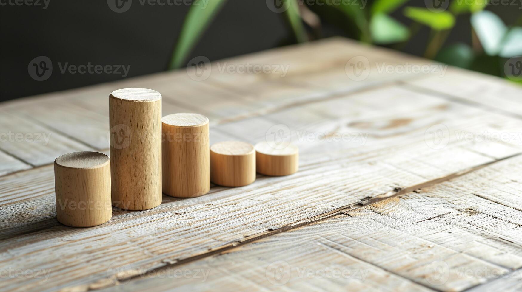 AI generated Wooden cylinder blocks shape bar charts illustration.  Science, finance, business, marketing, graphic concept. Background with copy space and bokeh effect. photo