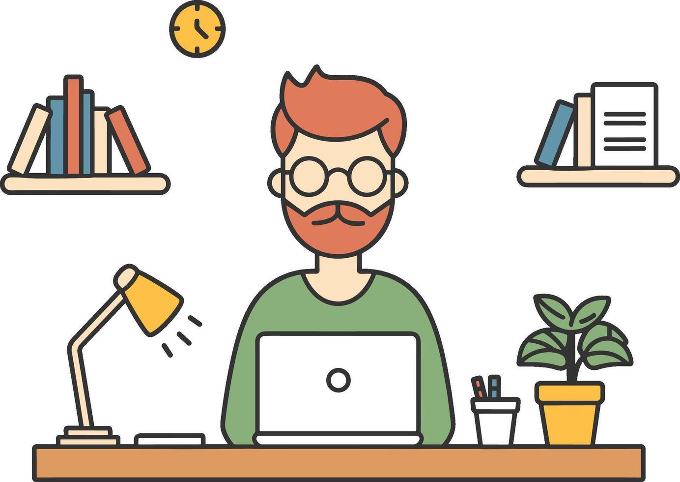 AI generated Freelancer man character working using laptop. Distance job, home interior, programmer working. Simple flat vector icon style illustration.