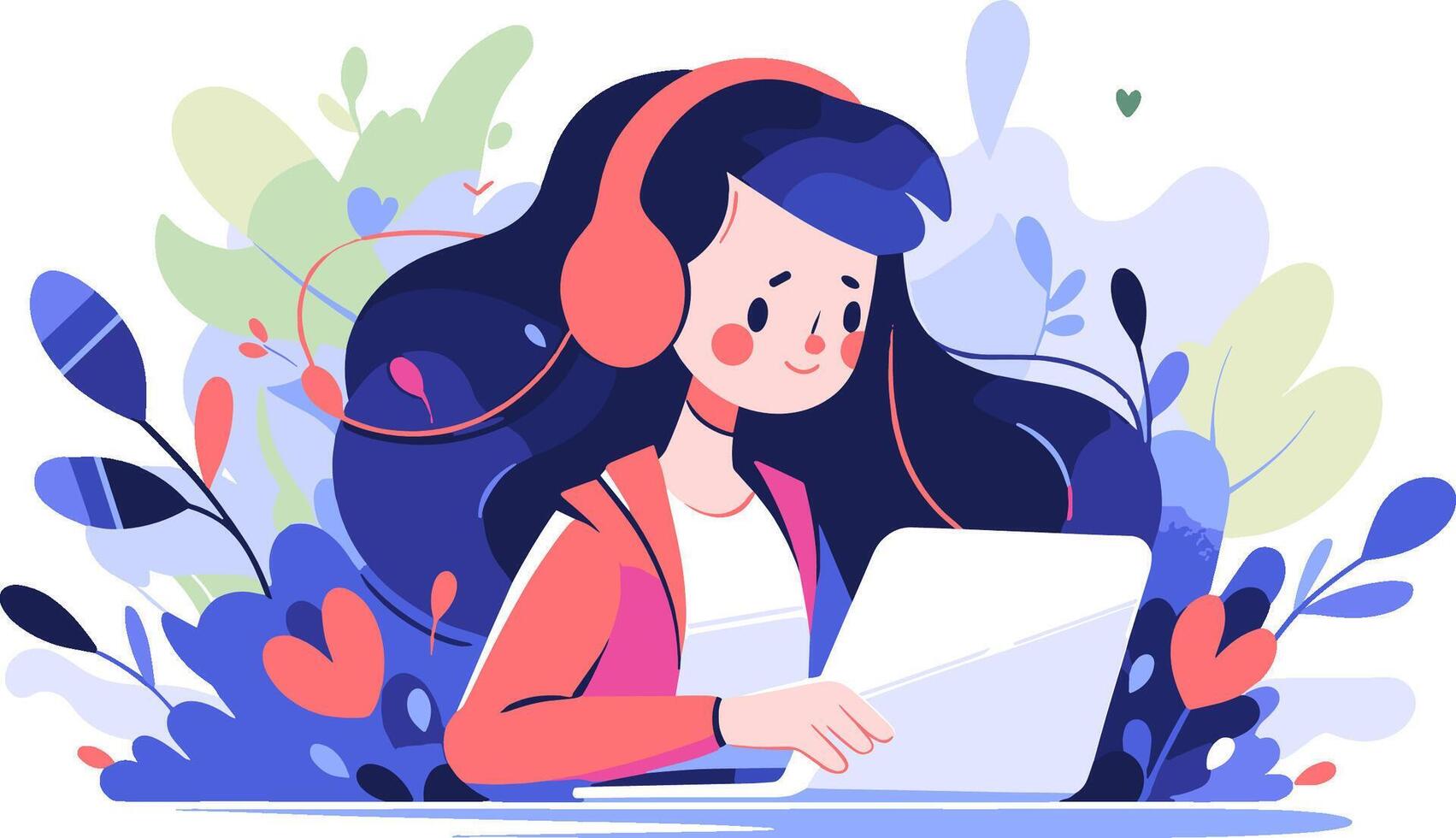 ai generado mujer vistiendo auriculares pacíficamente trabajando en computadora portátil, sencillo de moda plano vector ilustración.