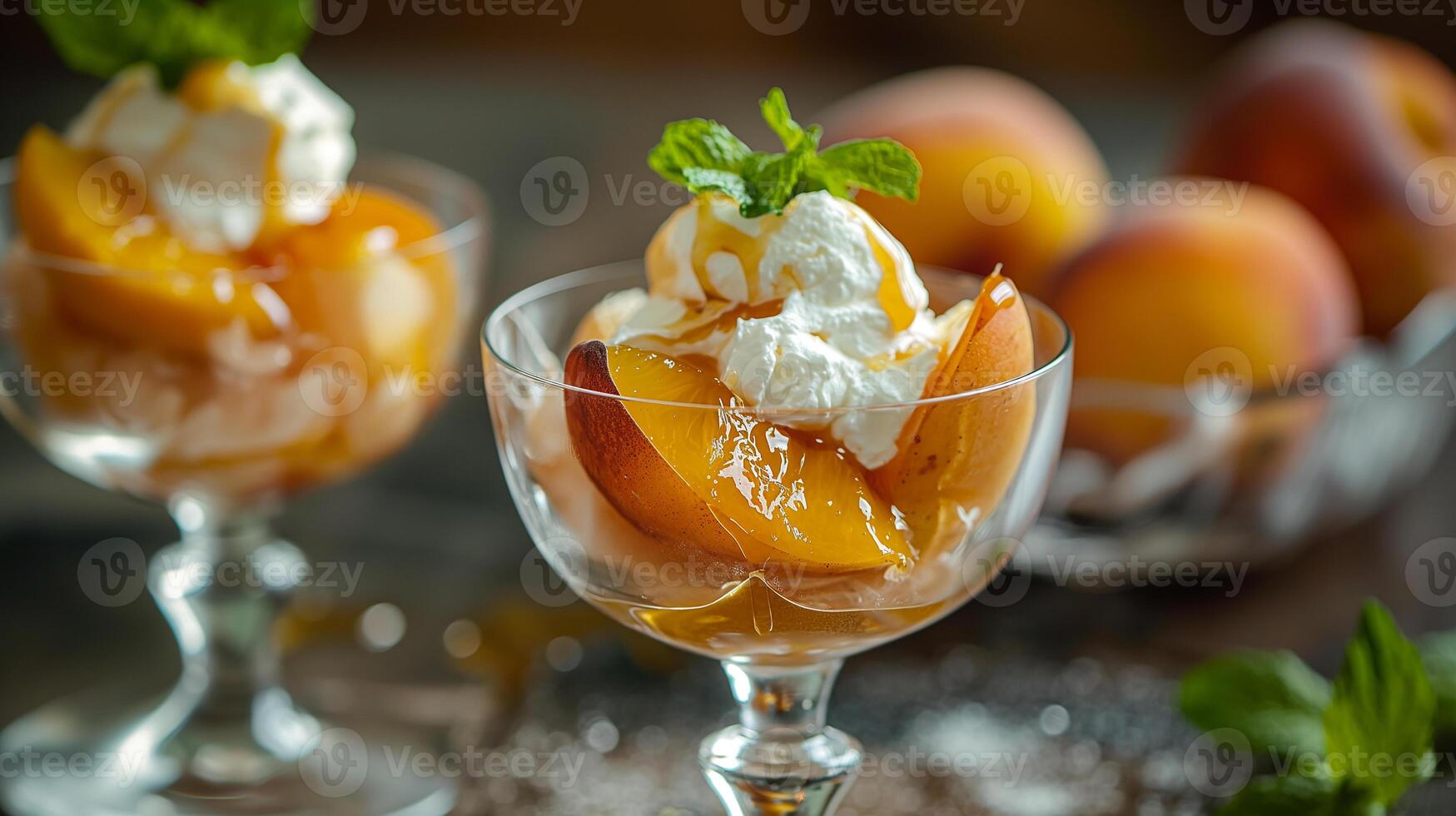 ai generado frito duraznos con miel y mascarpone en un hermosa plato. Fresco frutas en un plato. Fruta postre en de cerca con bokeh en el fondo, delicioso alimento. foto