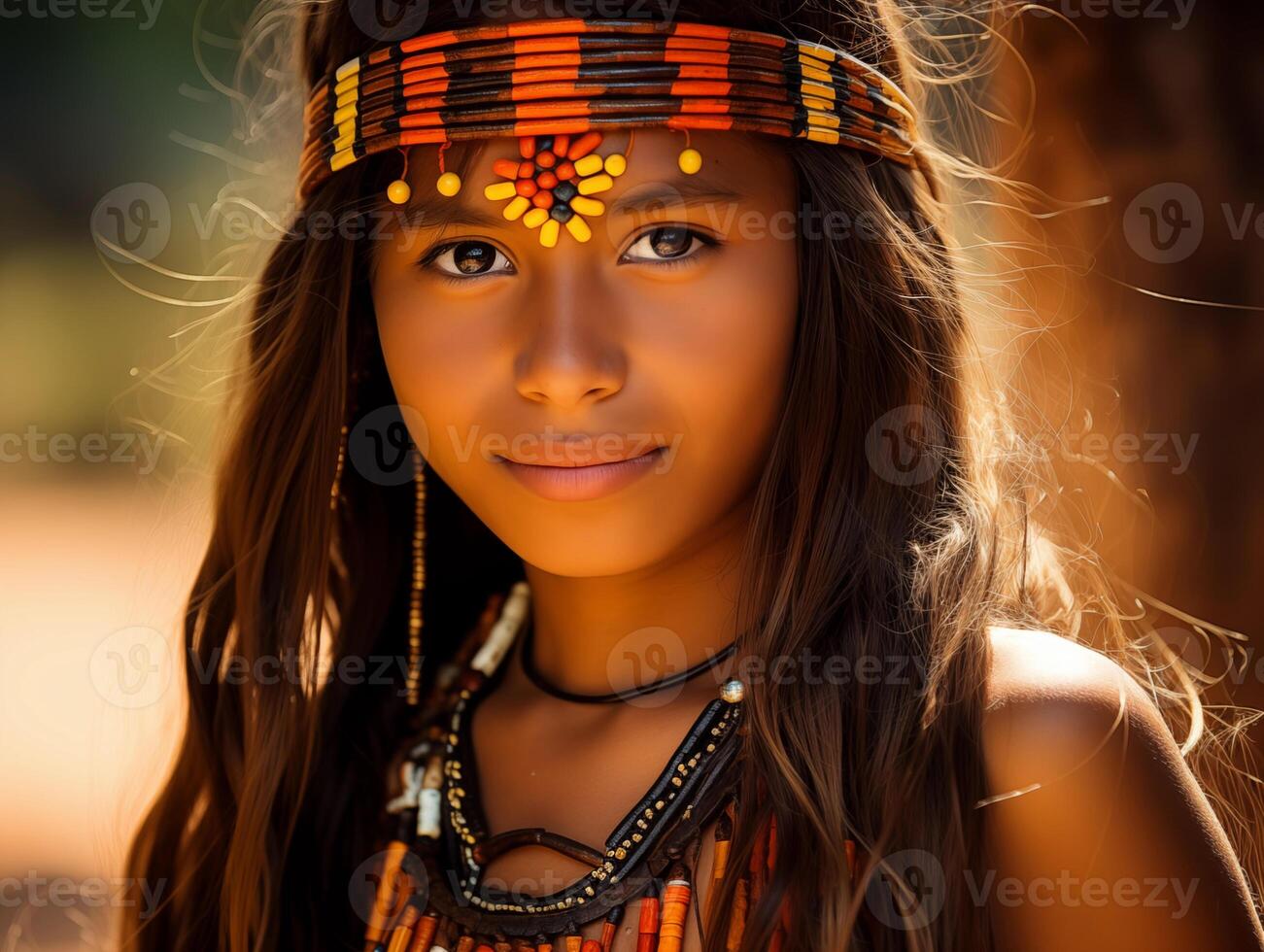 AI generated A beautiful girl from among the indigenous people of the Guarani ethnic group. Close-up portrait, side view in the background. photo