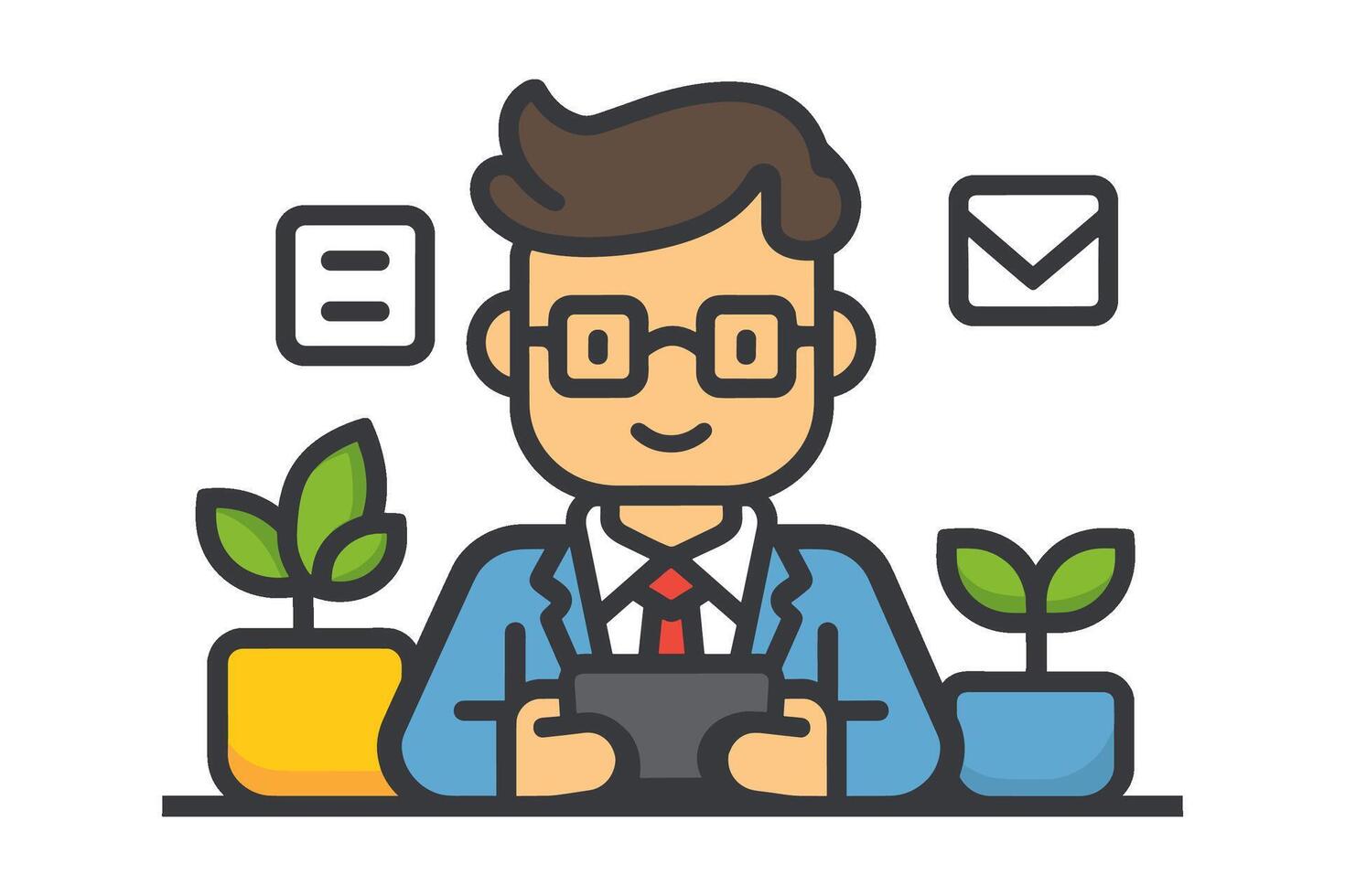 AI generated Icon of businessman wearing glasses sitting in office space holding phone in his hands. Simple flat vector illustration, isolated on white background.