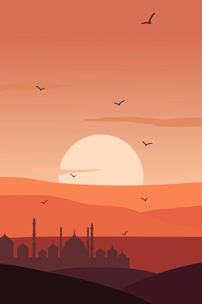 beautiful ramadan wallpaper with silhouette mosque in the desert vector