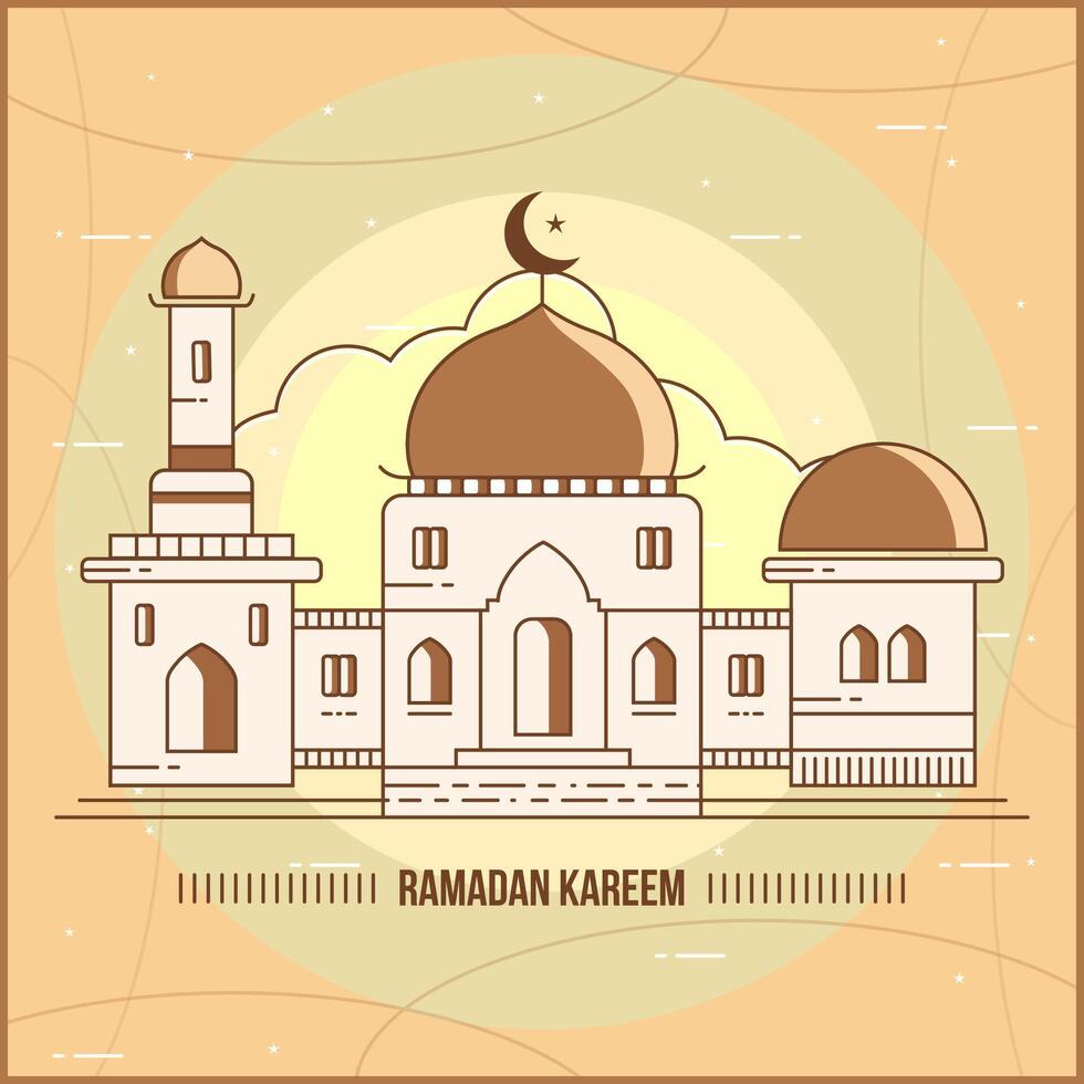 Ramadán kareem ilustración de tradicional mezquita con presente Luna y estrella con Arte línea estilo vector