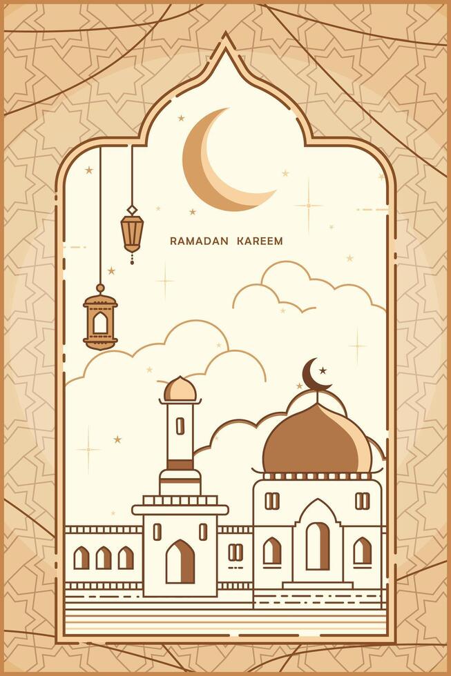 line art style wallpeper design of big mosque and light brown sky with gradient brown dominant color vector